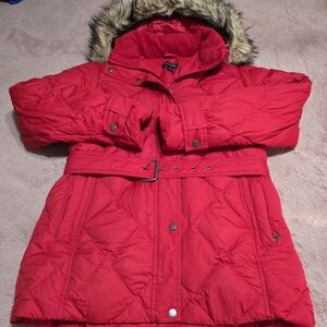 Lands' End Red Women's  Puffer Coat with Faux Fur Hood
